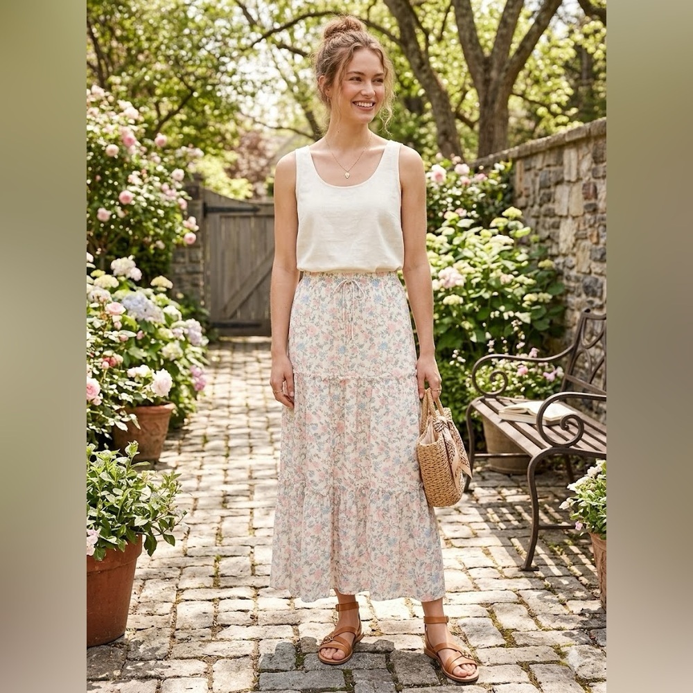 Celebrity Pink Floral Tiered Maxi Skirt - White with Pink & Blue - Picture 9 of 16
